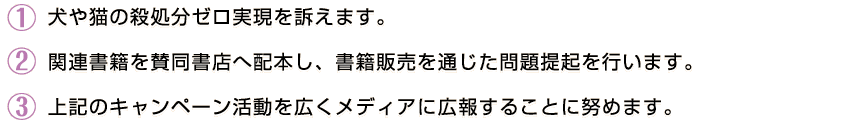 犬や猫の殺処分ゼロ実現を訴えます。関連書籍を参画書店へ配本し、書籍販売を通じた問題提起を行います。このキャンペーン活動を広くメディアに広報することに努めます。